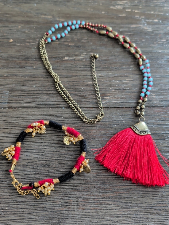 None Jewelry - Boho Red Tassel Necklace with Turquoise Beaded Chain